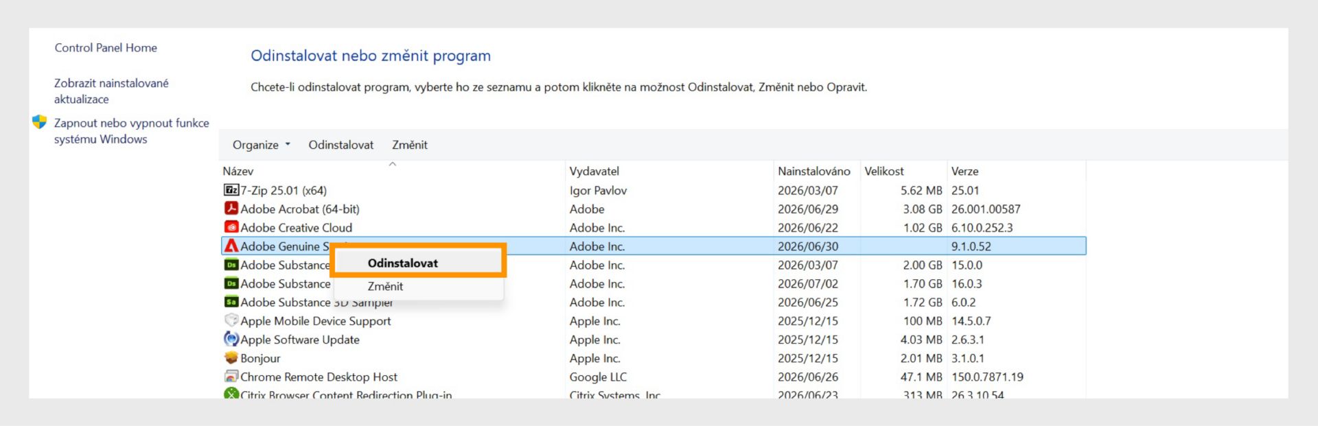 Ovládací panel systému Windows se zvýrazněnou možností Odinstalovat v kontextové nabídce.