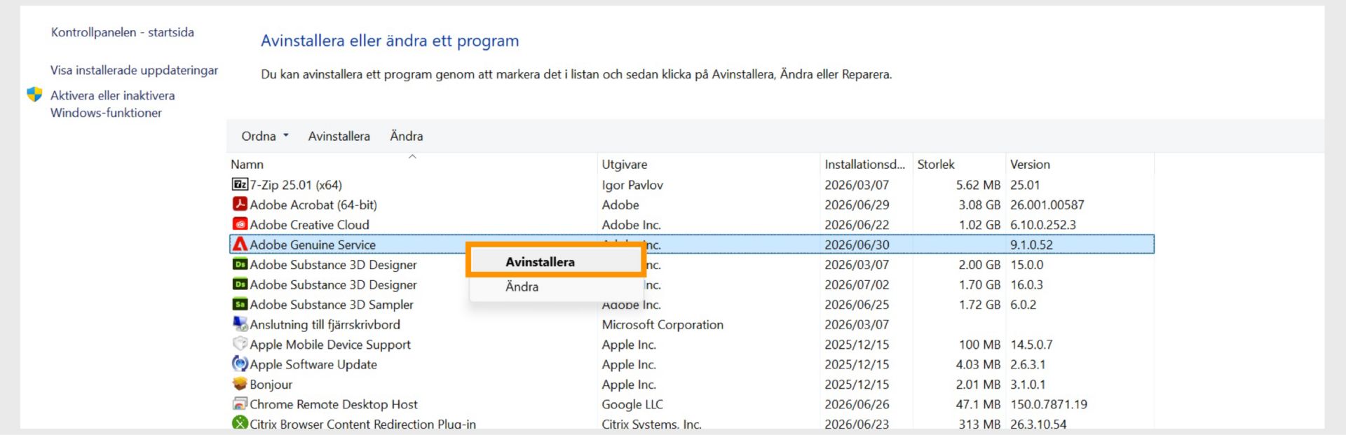Windows Kontrollpanel med alternativet Avinstallera markerat i snabbmenyn.