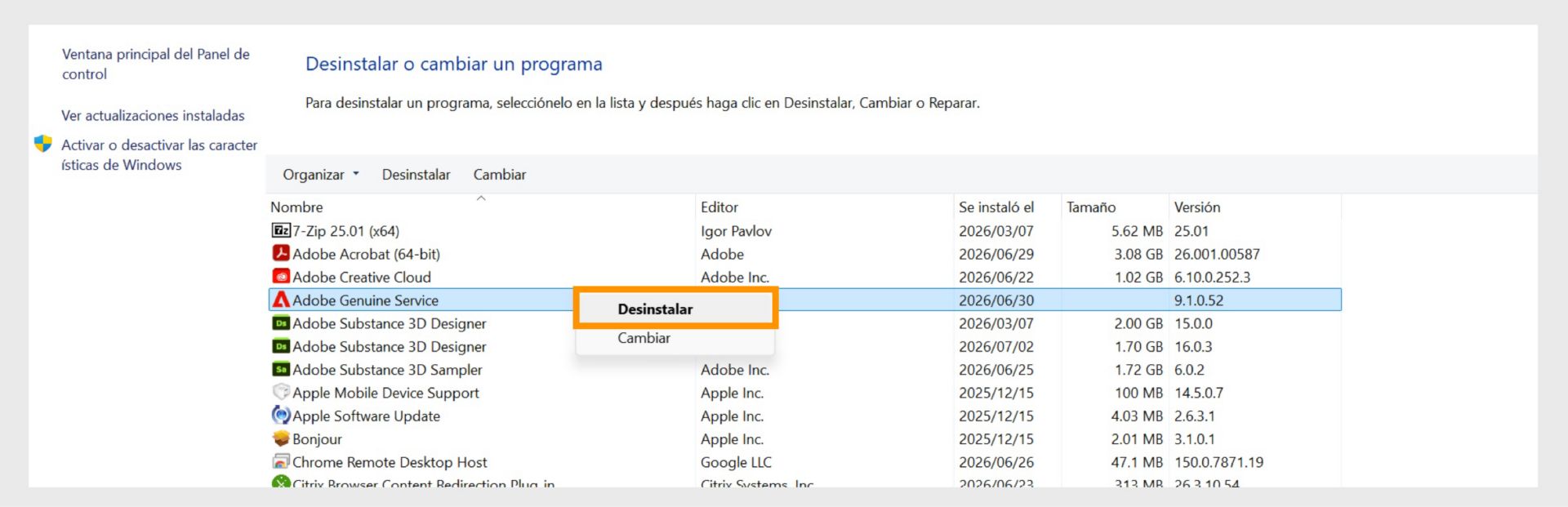 Panel de control de Windows con la opción Desinstalar resaltada en el menú contextual.