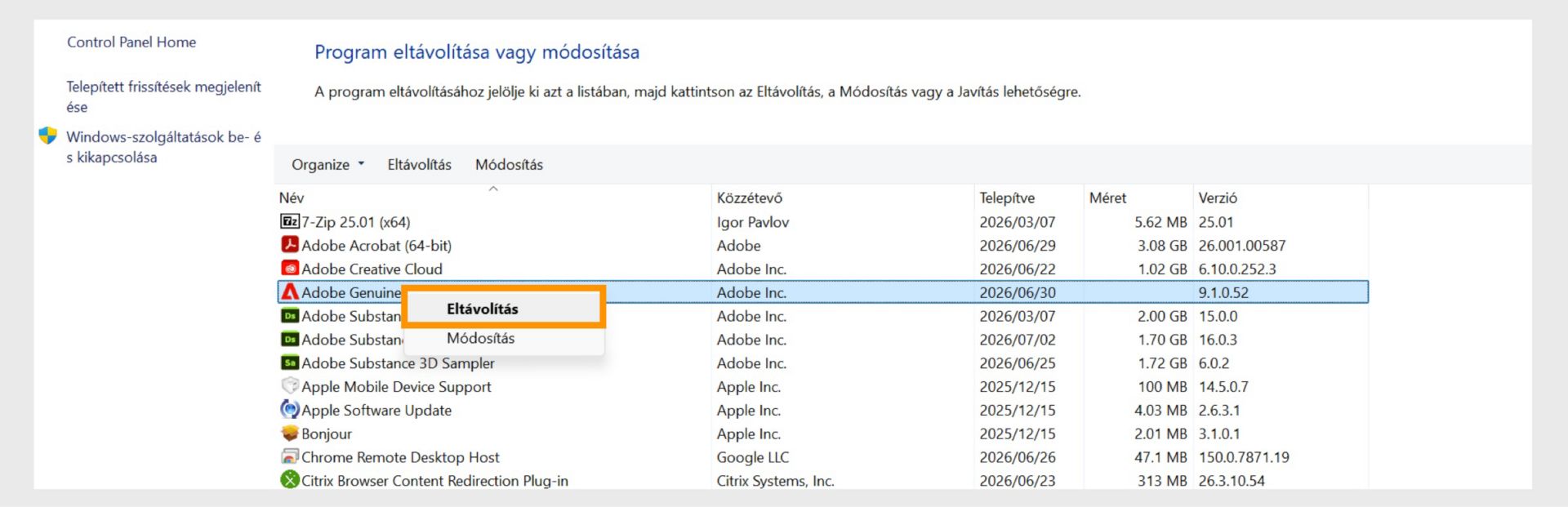 Windows Vezérlőpult az Eltávolítás lehetőség kiemeléssel a helyi menüben.