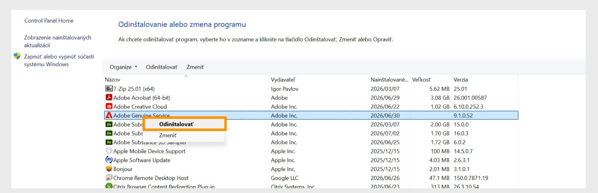 Ovládací panel systému Windows so zvýraznenou možnosťou Odinštalovať v kontextovom menu.