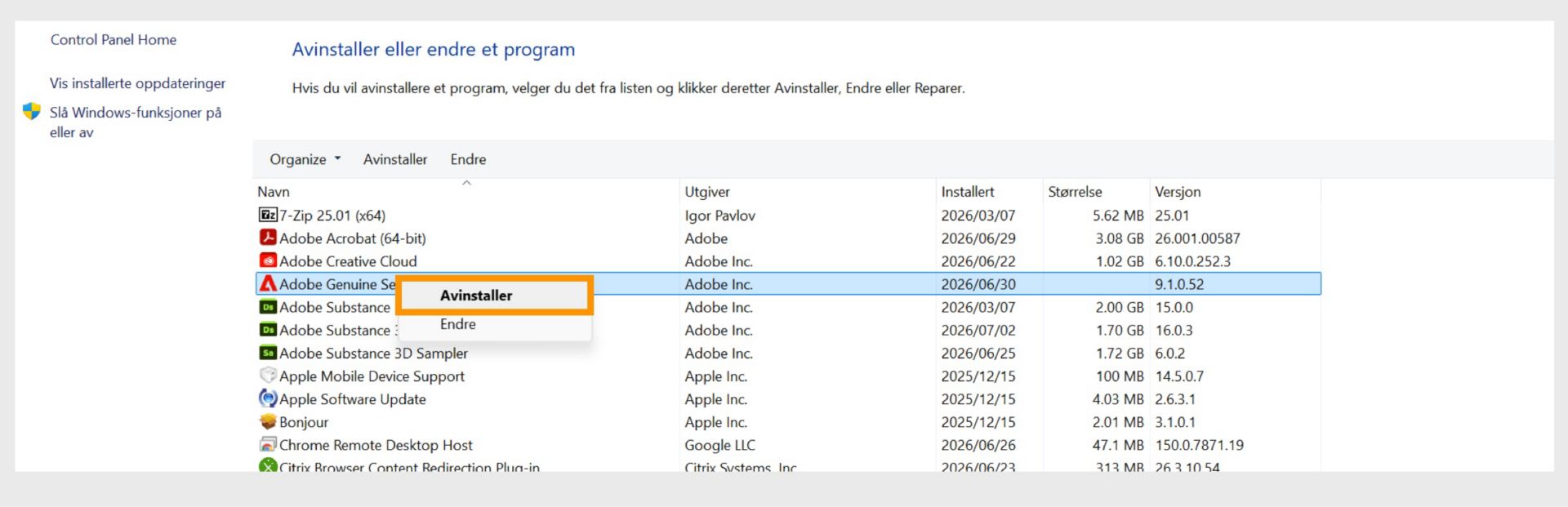 Windows Kontrollpanel med Avinstaller-alternativet uthevet i kontekstmenyen.