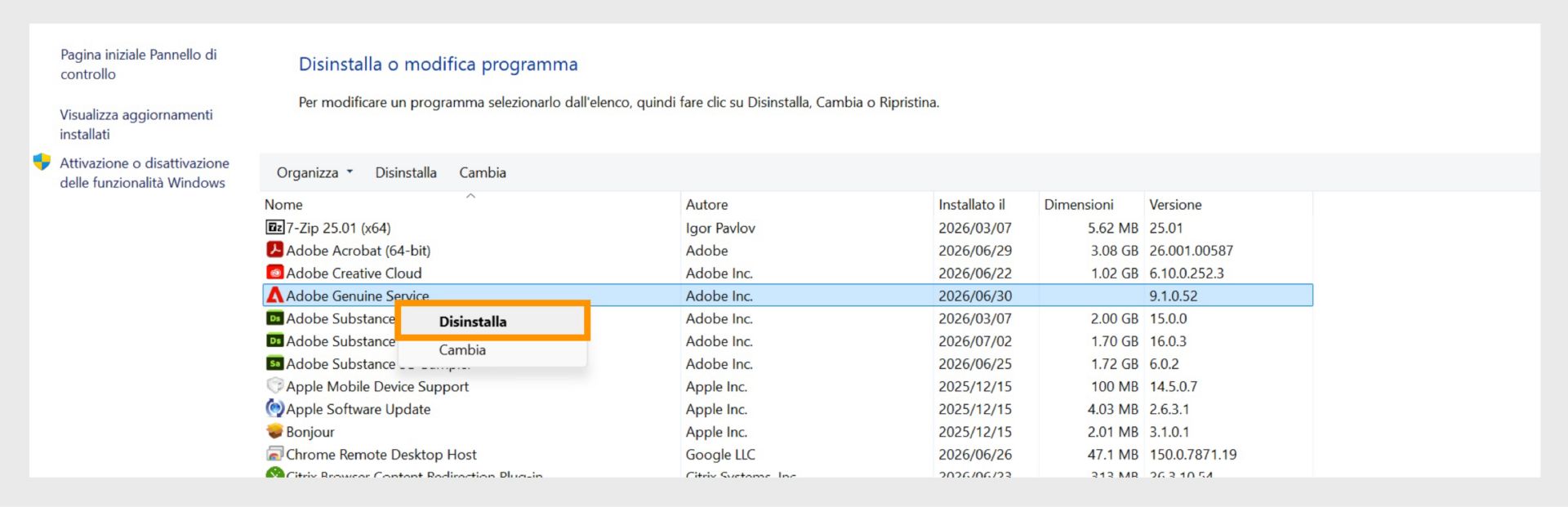 Pannello di controllo di Windows con l'opzione Disinstalla evidenziata nel menu contestuale.