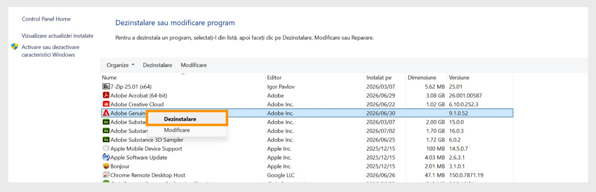 Panoul de control Windows cu opțiunea Dezinstalare evidențiată în meniul contextual.