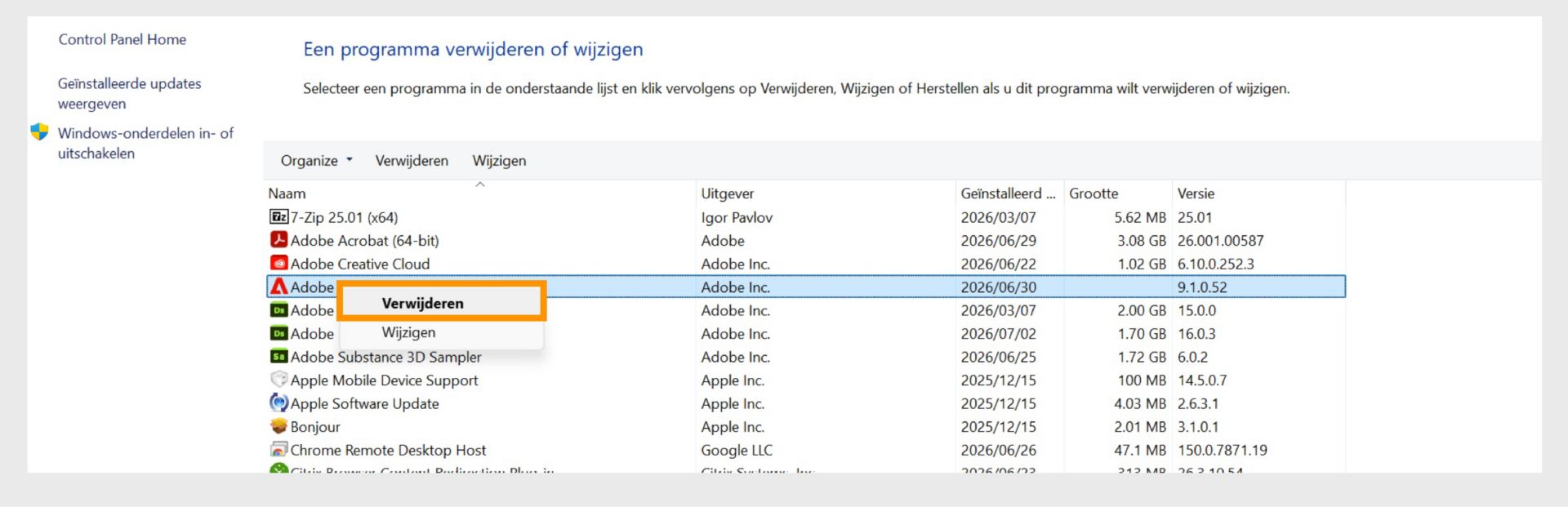 Windows regelpaneel met de optie Verwijderen gemarkeerd in het contextmenu.
