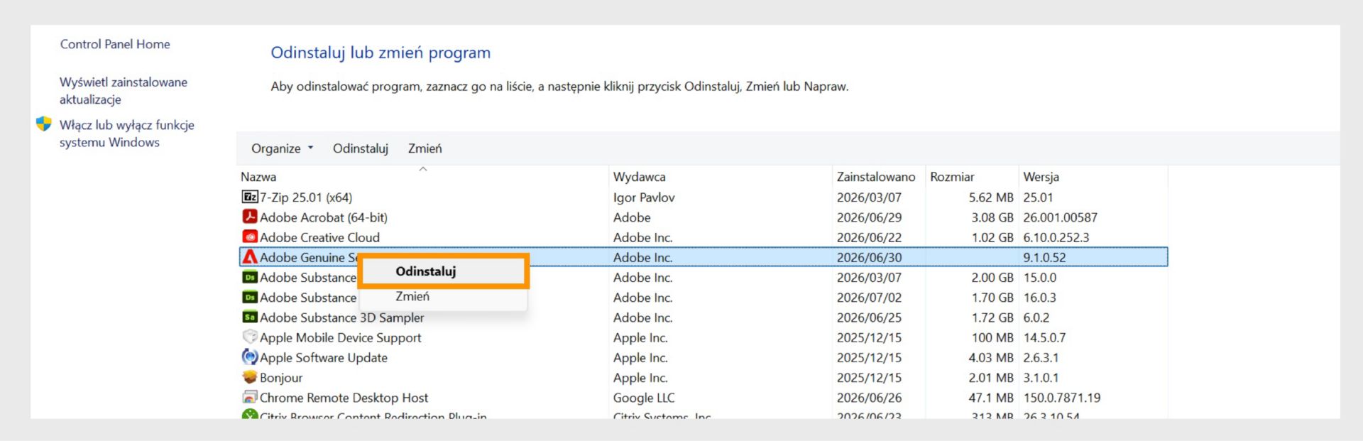 Panel sterowania Windows z wyróżnioną opcją Odinstaluj w menu kontekstowym.