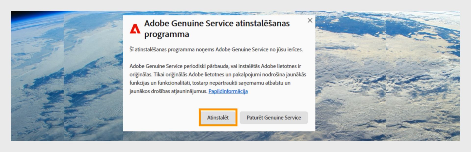 Adobe oriģināls pakalpojuma atinstalētājs ar izceltu pogu Atinstalēt.