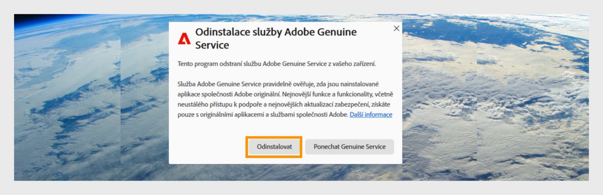 Odinstalátor služby Adobe Genuine Service se zvýrazněným tlačítkem Odinstalovat.