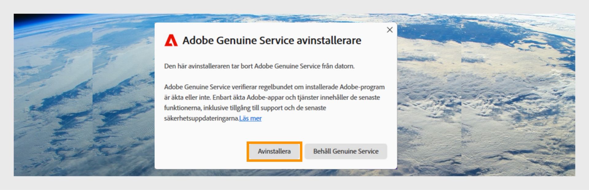 Adobe Genuine Service Uninstaller med knappen Avinstallera markerad.