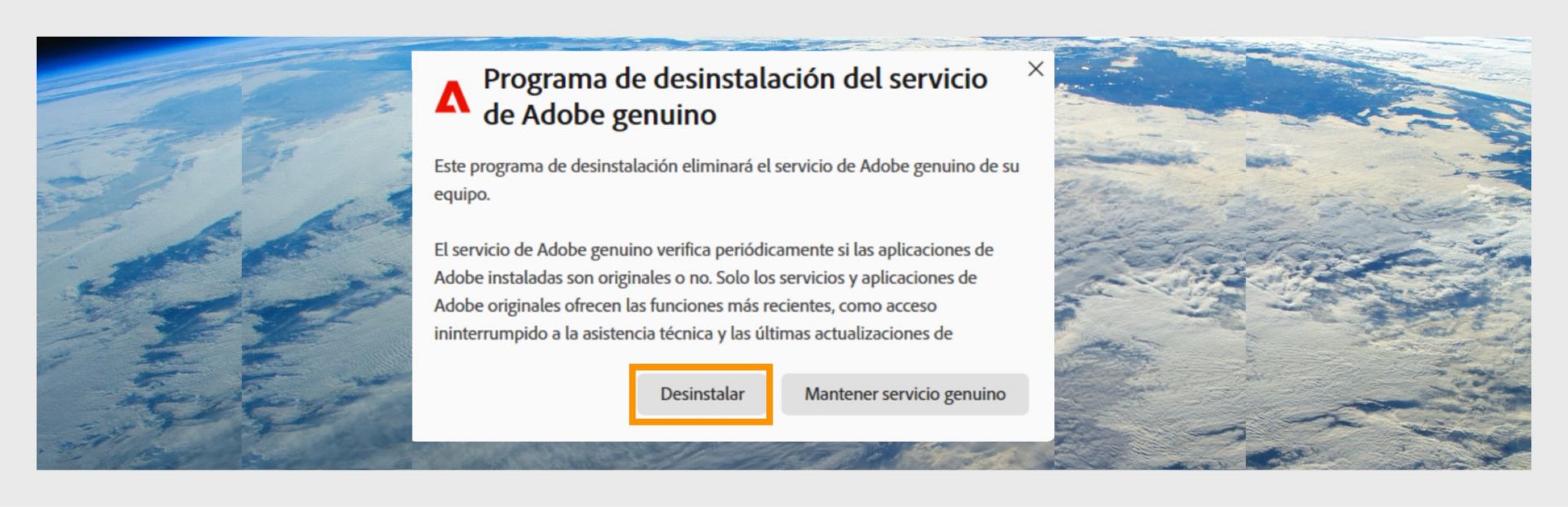 Desinstalador de Adobe genuino con el botón Desinstalar resaltado.