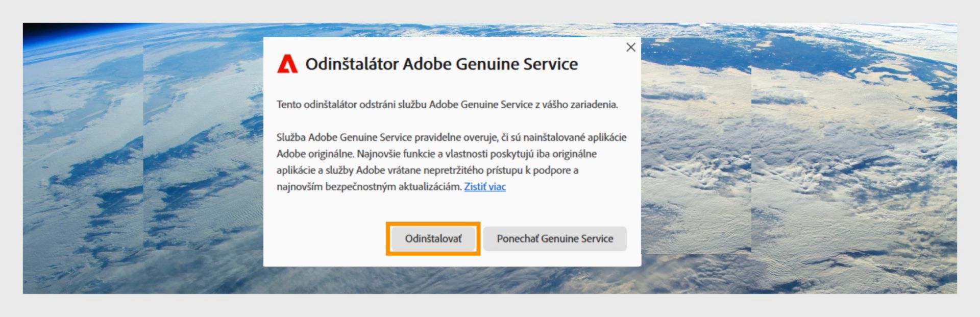 Odinštalátor služby Adobe Genuine Service so zvýrazneným tlačidlom Odinštalovať.