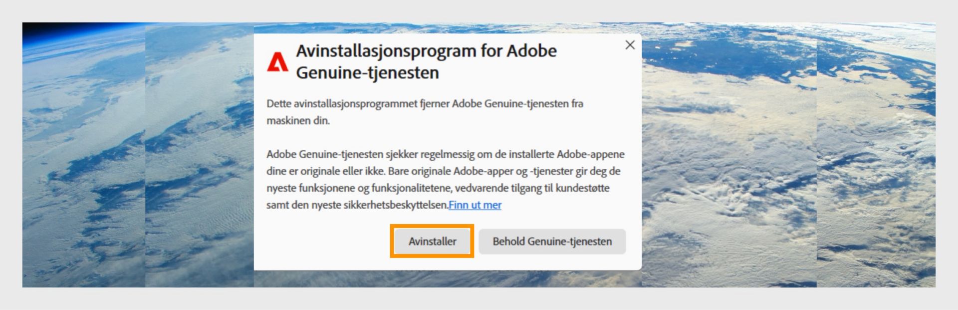 Adobe Genuine Service-avinstallering med Avinstaller-knappen uthevet.