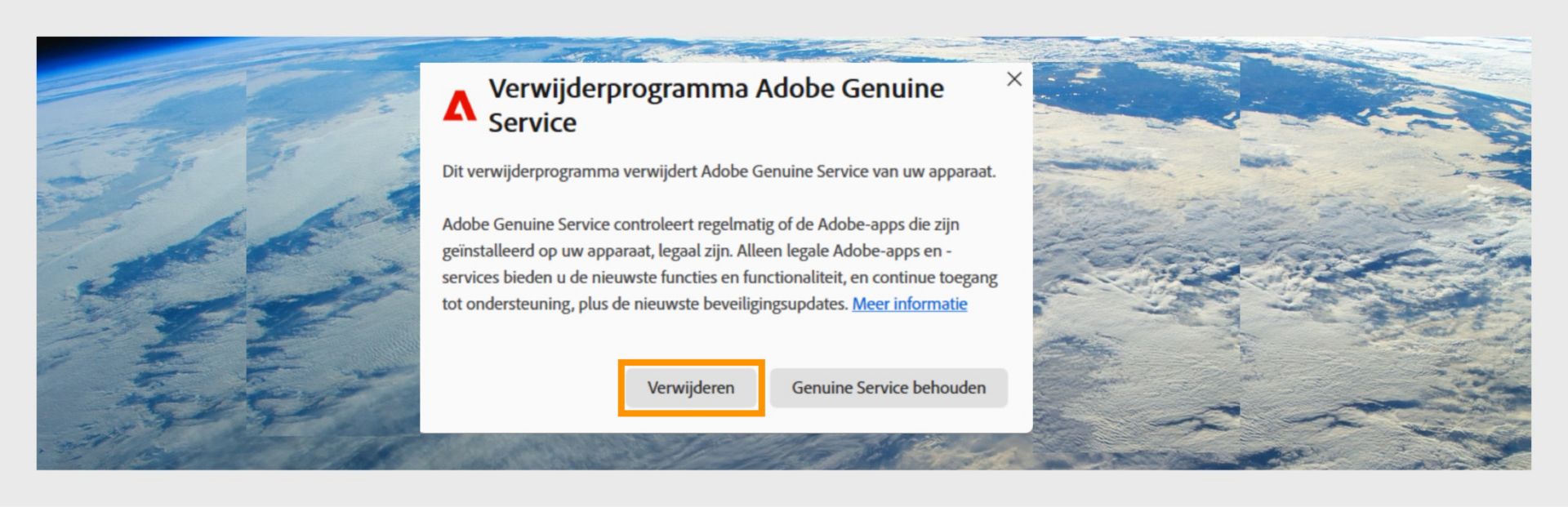Adobe Genuine Service Uninstaller met de knop Verwijderen gemarkeerd.