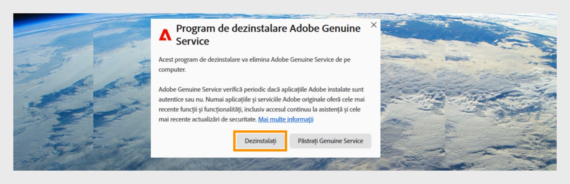 Programma di disinstallazione Adobe Genuine Service con il pulsante Disinstalla evidenziato.