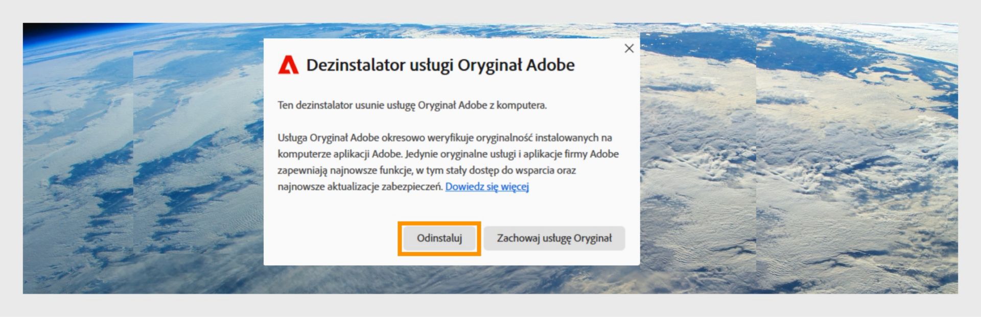 Deinstalator Adobe Genuine Service z wyróżnionym przyciskiem Odinstaluj.