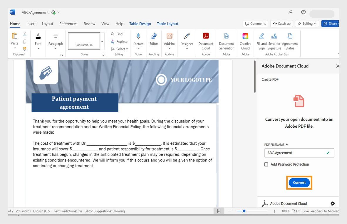 Dokument Word w przeglądarce internetowej pokazuje panel Document Cloud, w którym podświetlone jest narzędzie Konwertuj.