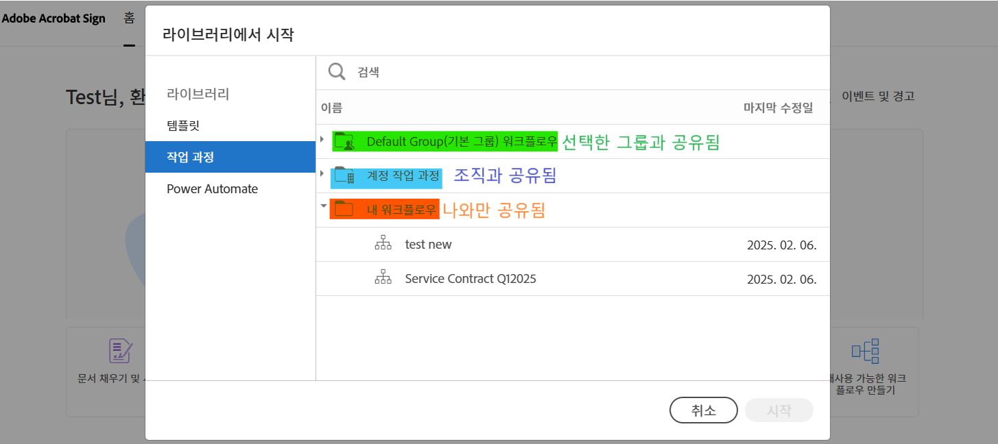 세 개의 워크플로 폴더가 표시된 라이브러리 피커입니다.