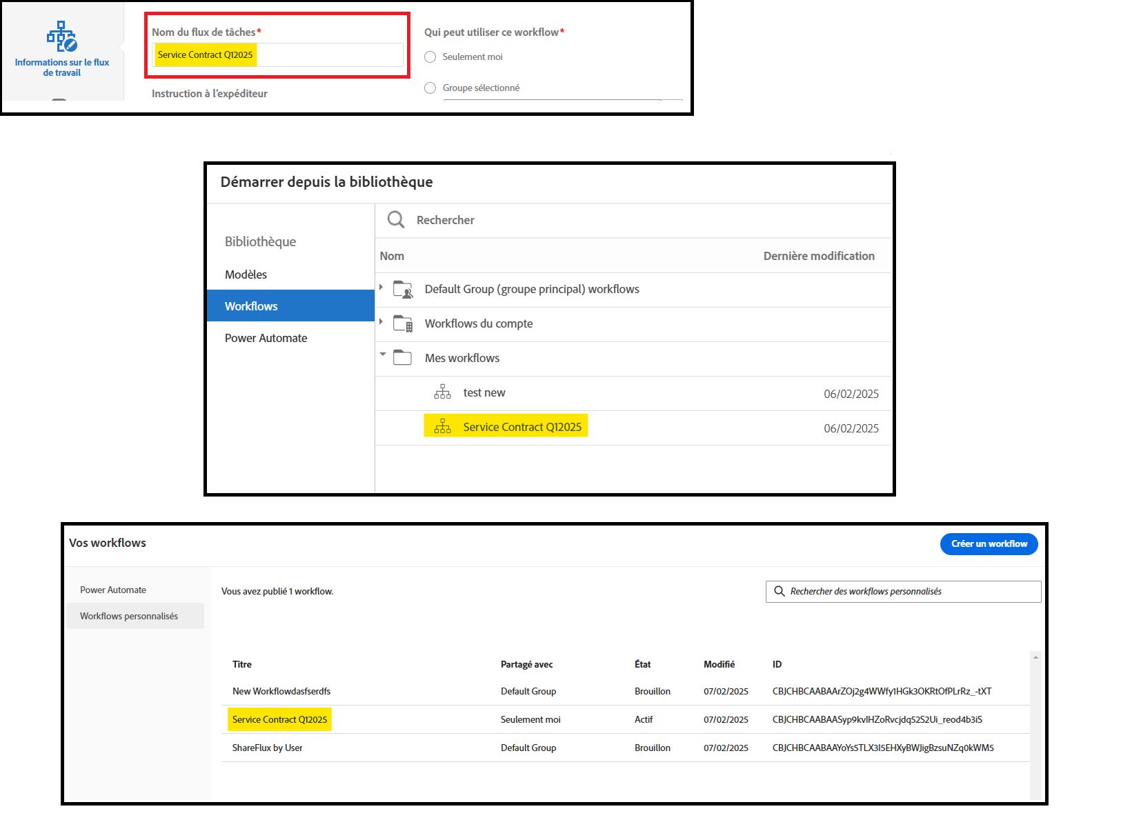 Exemples de nom de workflow dans le sélecteur de bibliothèque et la liste des workflows.