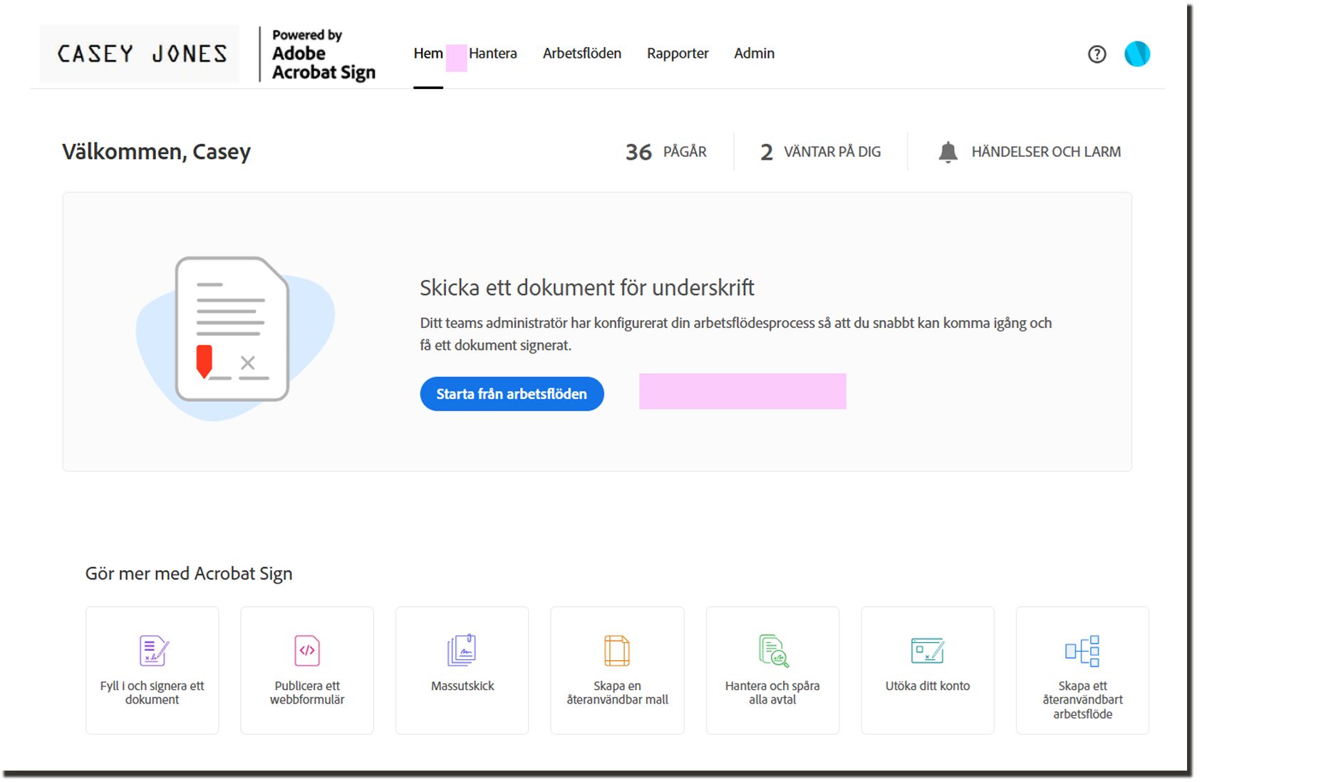 Startsidan med fliken Skicka och knappen Bibliotek har tagits bort.