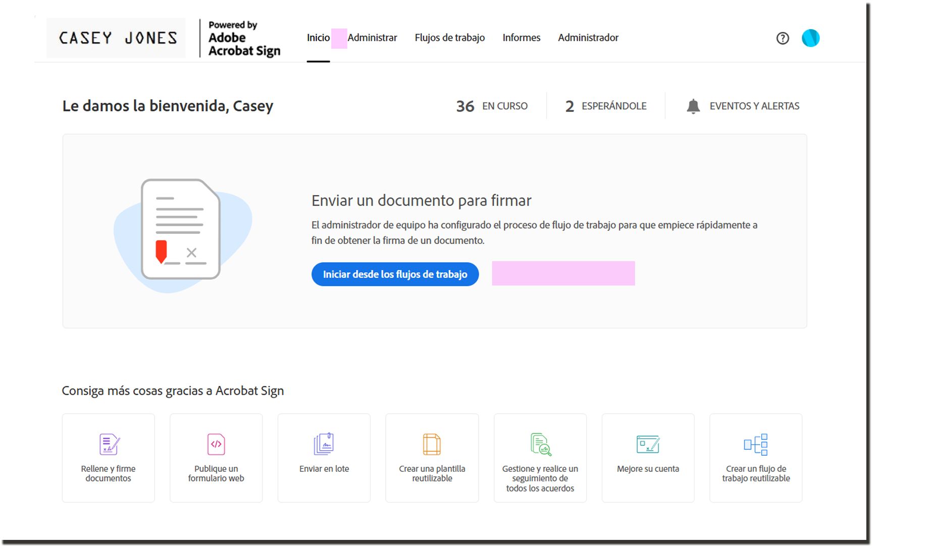 La página de inicio con la pestaña Enviar y el botón Biblioteca eliminados.