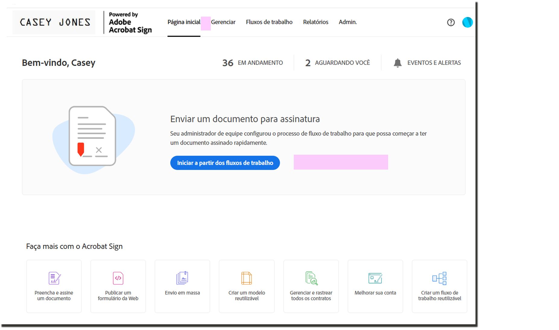 A página inicial com a guia Enviar e o botão Biblioteca removidos.
