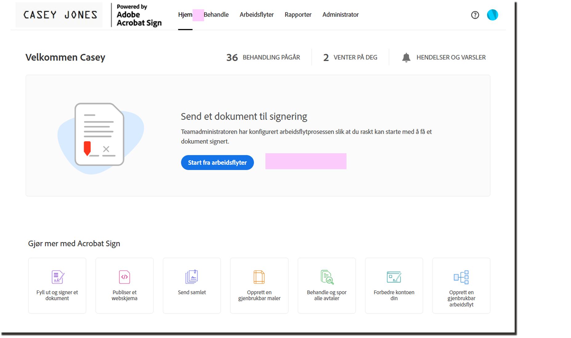 Hjem-siden med Send-fanen og Bibliotek-knappen fjernet.