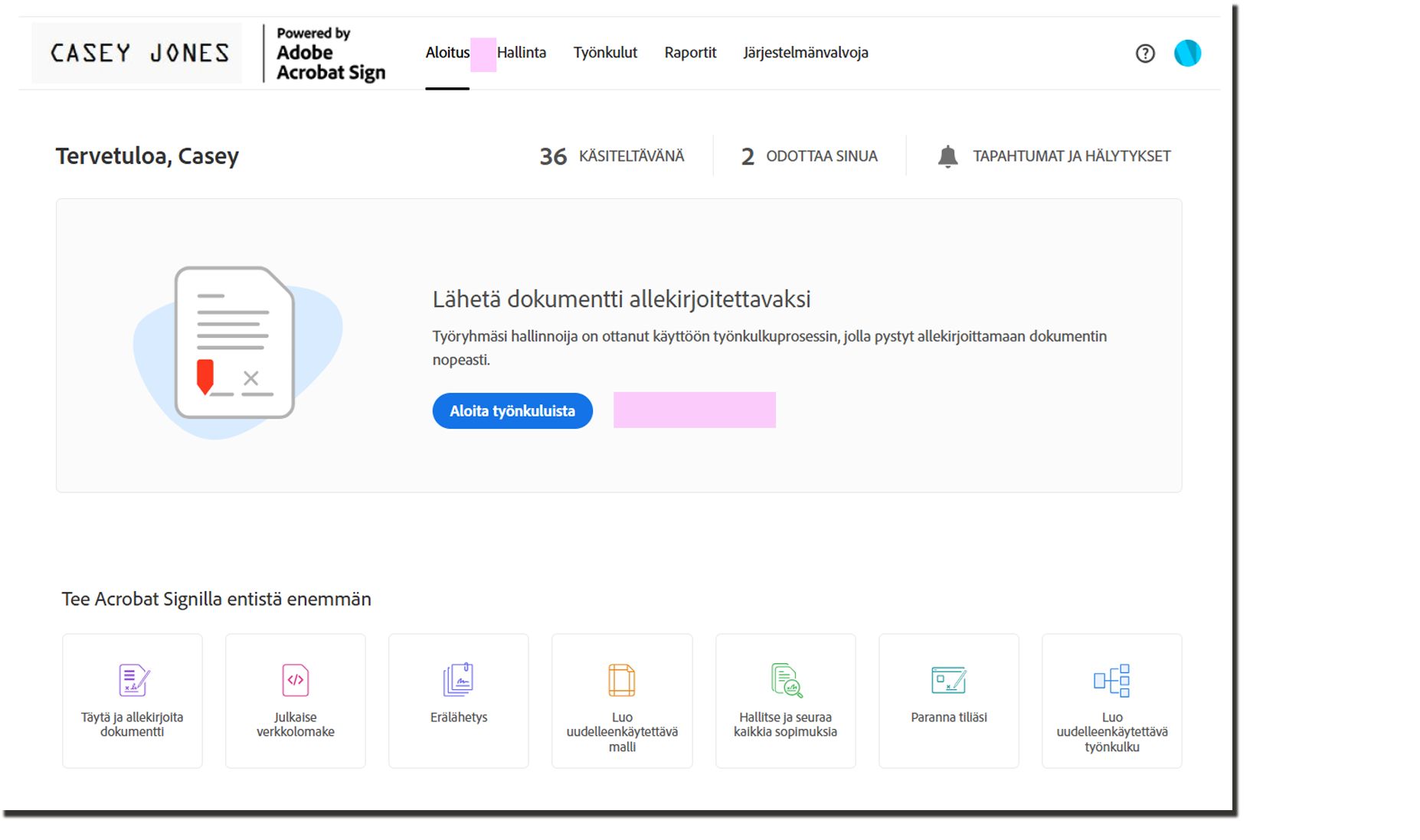 Aloitussivu, jossa Lähetä-välilehti ja Kirjastopainike on poistettu.