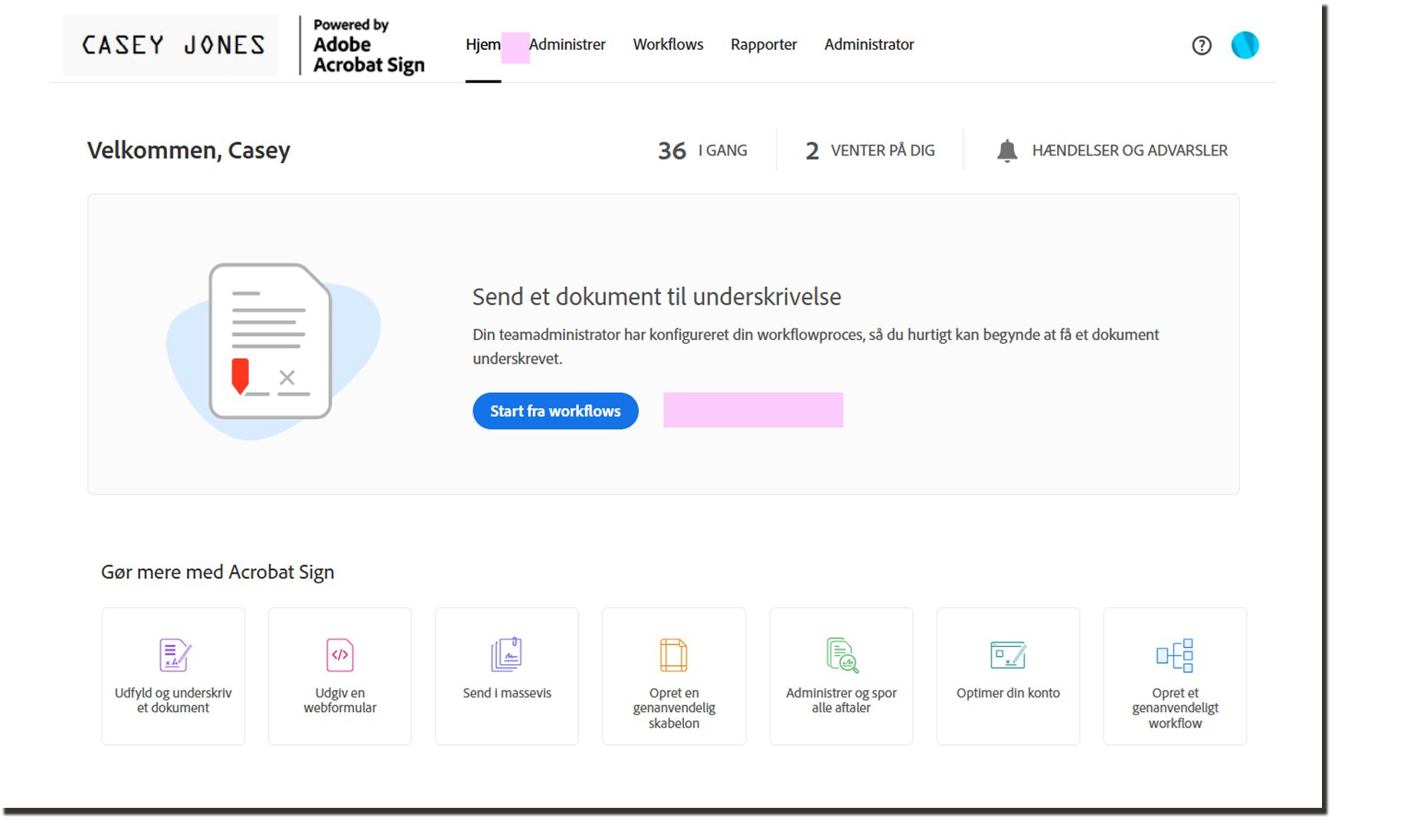 Siden Hjem med fanen Send og knappen Bibliotek fjernet.