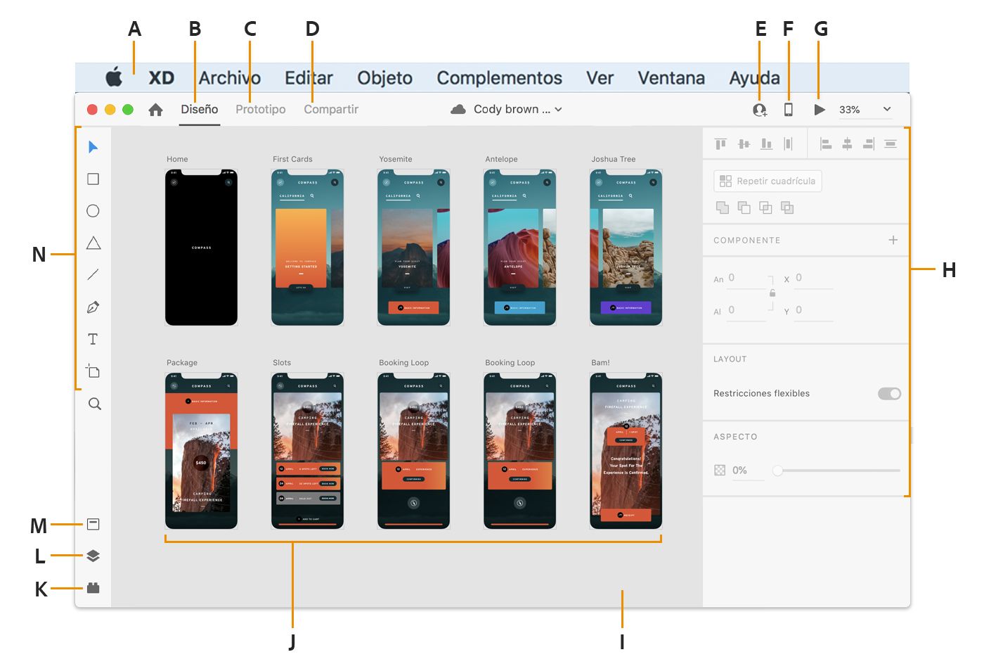 Espacio de trabajo de Adobe XD en Mac