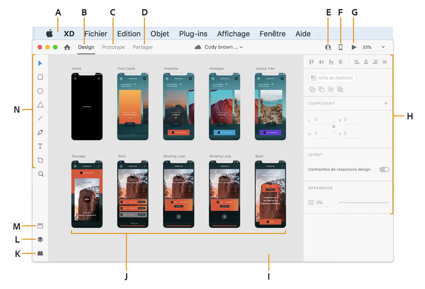 Espace de travail Adobe XD sous Mac
