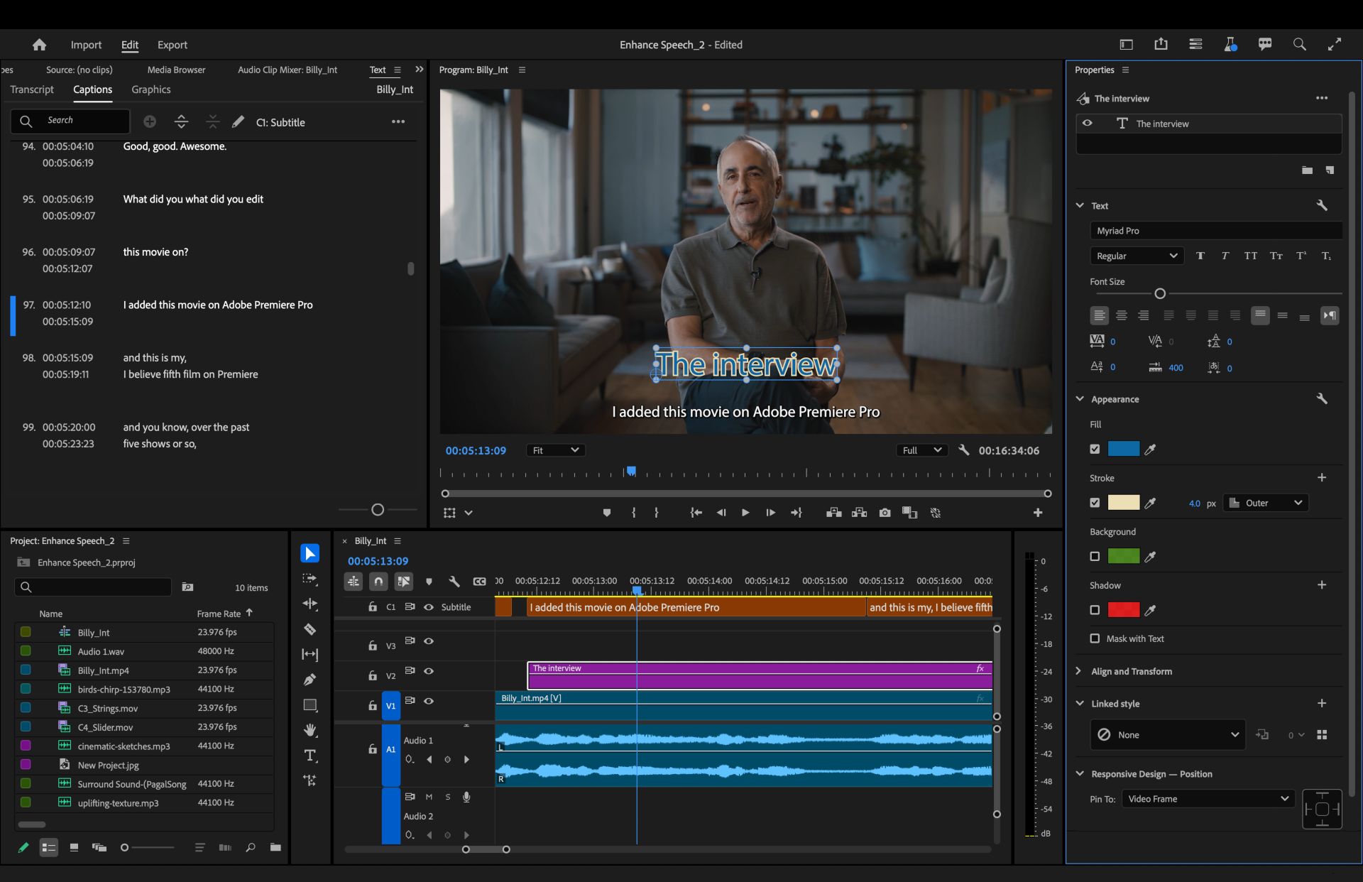 The UI shows the highlighted Properties panel containing options to modify Text, Appearance, Alignment, Linked Style and Responsive Design - Position.  