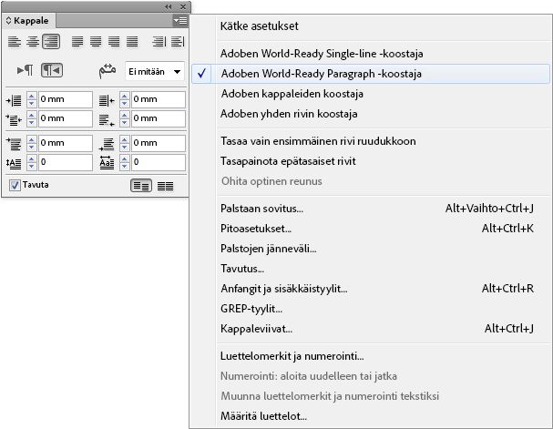 InDesignin Kappale-paneeli, jossa Adobe World-Ready -kappalekoostaja on valittu koostajan asetukset -valikosta. Se näyttää myös muita asetuksia.