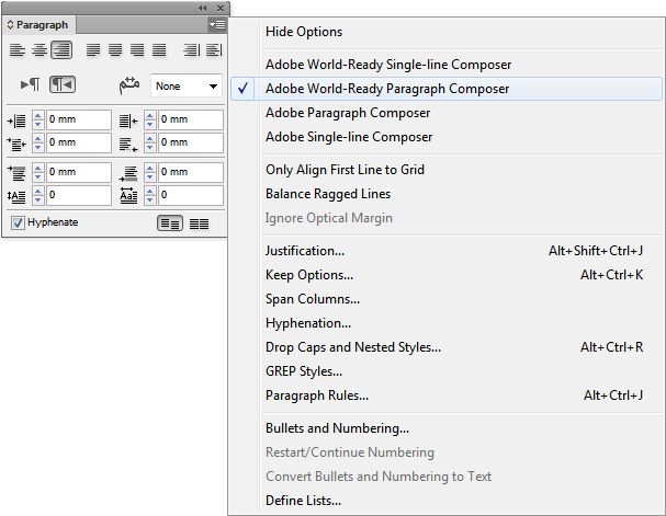 הלוח Paragraph ב-InDesign עם האפשרות 'Adobe World-Ready Paragraph Composer' שנבחרה מתפריט האפשרויות של העורך.הלוח מציג גם כמה אפשרויות אחרות.