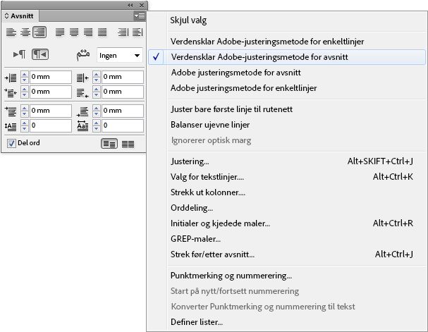Avsnitt-panelet med Adobe World-Ready Paragraph Composer er valgt på alternativmenyen for skapere. Den viser også noen andre alternativer.