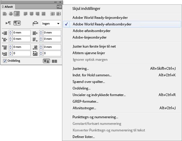 InDesign-afsnitspanelet med &quot;Adobe World-Ready-afsnitsombryder&quot; valgt i menuen Indstillinger for ombryder. Det viser også nogle andre muligheder.