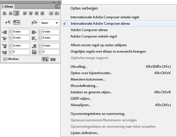 In het deelvenster Alinea van InDesign is de optie &quot;Internationale Adobe Composer alinea&quot; geselecteerd in het menu Composer-opties. Er worden ook andere opties weergegeven.