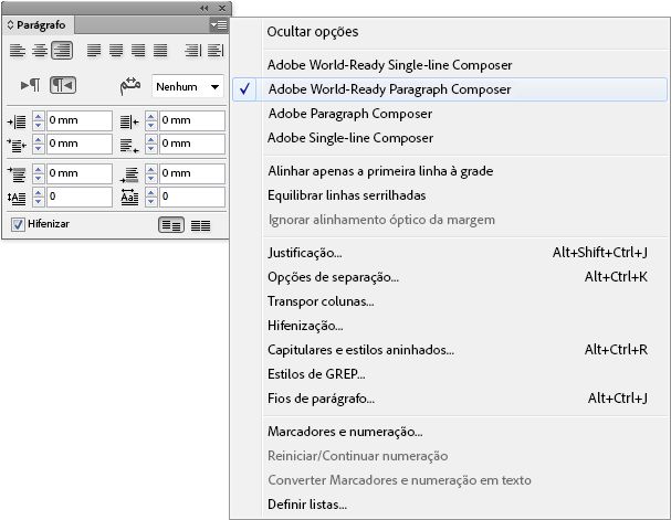 Painel Parágrafo do InDesign com “Adobe World-Ready Paragraph Composer” selecionado no menu de opções de compositor. Ele também mostra algumas outras opções.