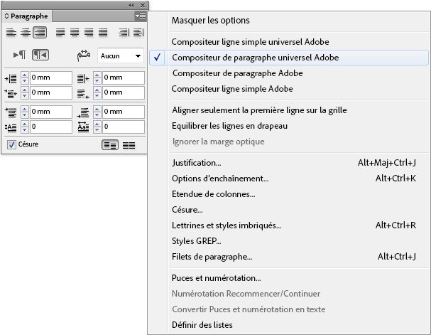 Panneau Paragraph InDesign où l’option « Adobe World-Ready Paragraph Composer » est sélectionnée dans le menu des options de compositeur. Il y a également d’autres options.