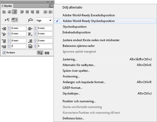 InDesign-panelen Stycke med ”Adobes internationella styckeskompositör” markerad på menyn för kompositionsalternativ.Även några andra alternativ visas.
