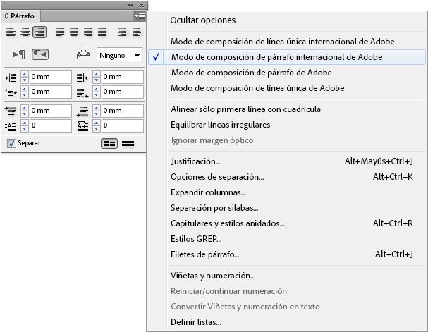 Panel Párrafo de InDesign con “Composición de párrafo de Adobe World-Ready” seleccionada en el menú de opciones de composición. También muestra algunas otras opciones.