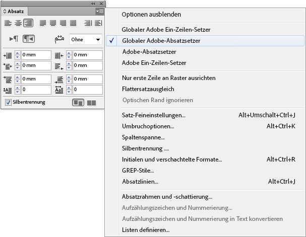 InDesign-Absatzbedienfeld mit „Adobe World-Ready-Absatzsetzer“ im Menü „Setzeroptionen“ ausgewählt. Außerdem werden weitere Optionen angezeigt.