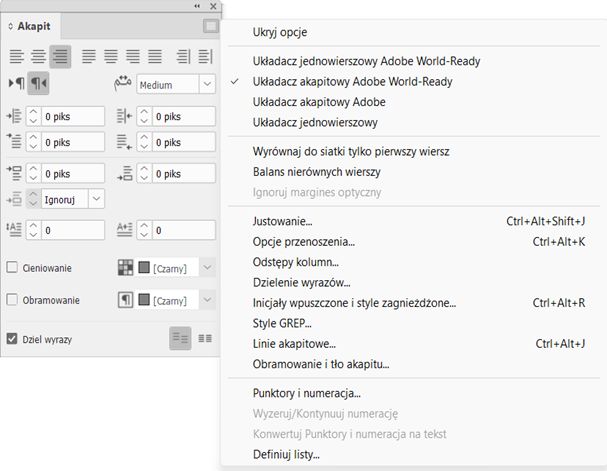 Panel Akapit w programie InDesign z opcją „wielojęzycznego układacza akapitowego Adobe” wybraną z menu opcji układacza. Wyświetla również inne opcje.