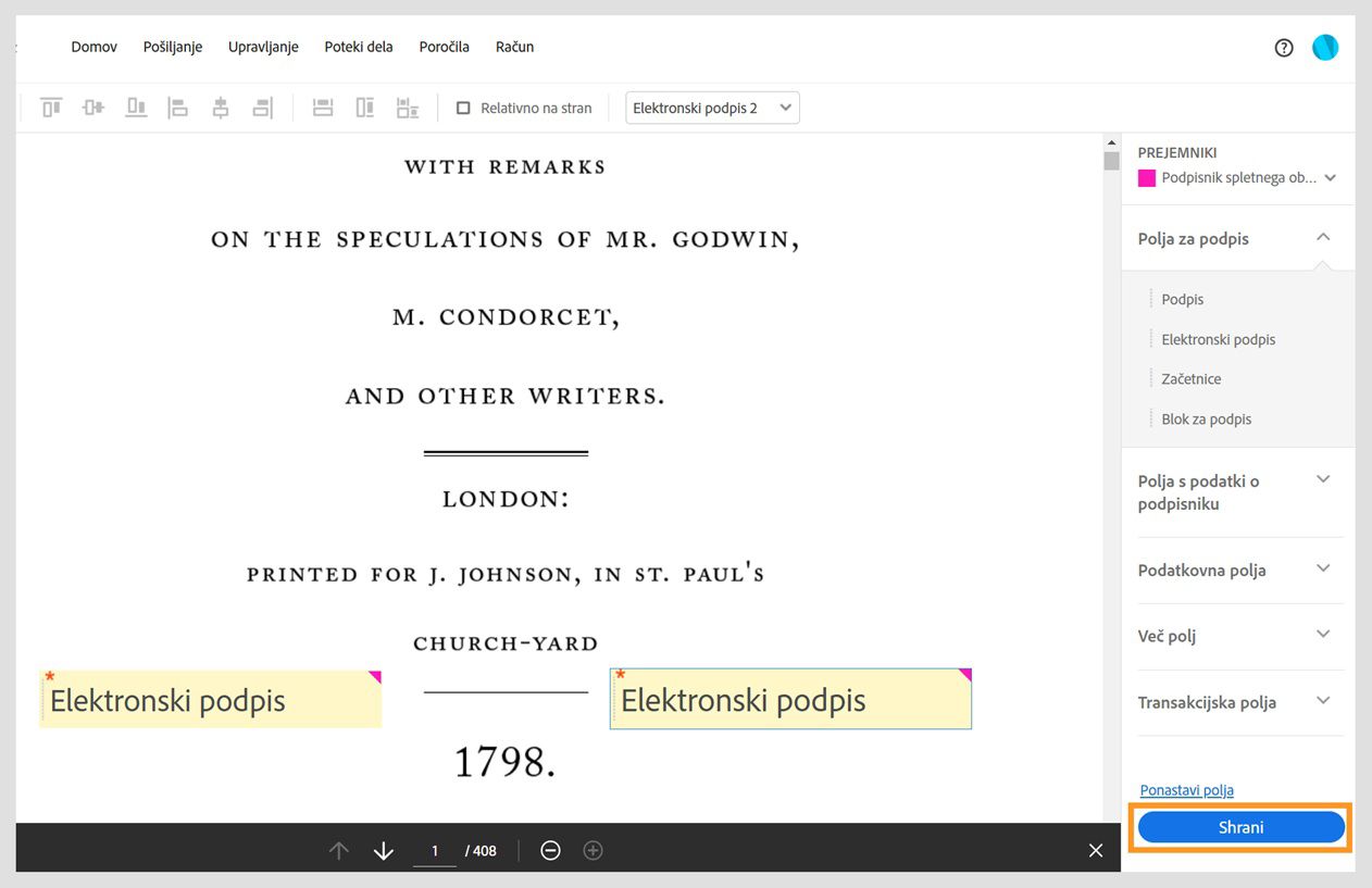 V podoknu s polji spletnega obrazca so prikazane različne vrste polj, gumb za ponastavitev polj in označen gumb Shrani. 