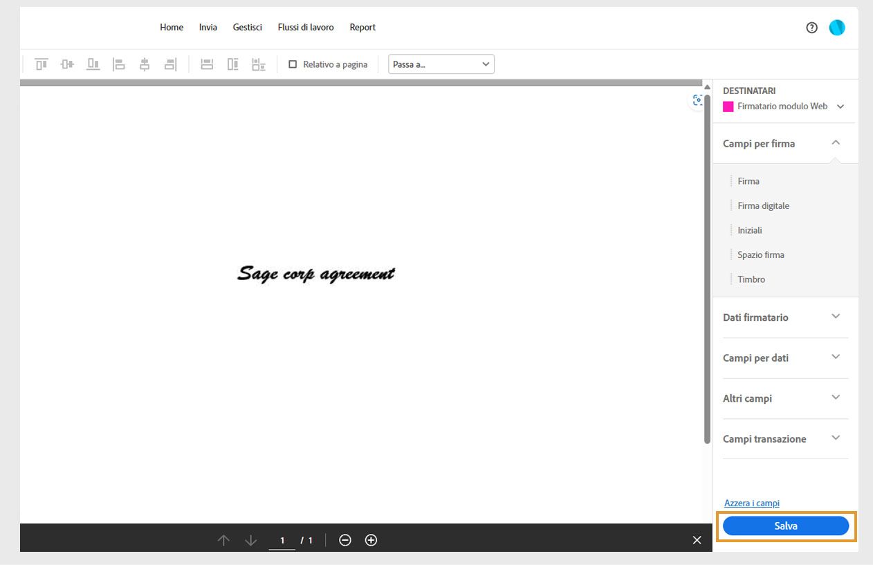 Pannello dei campi del modulo web che mostra diversi tipi di campo, un pulsante Reimposta campi e un pulsante Salva evidenziato. 