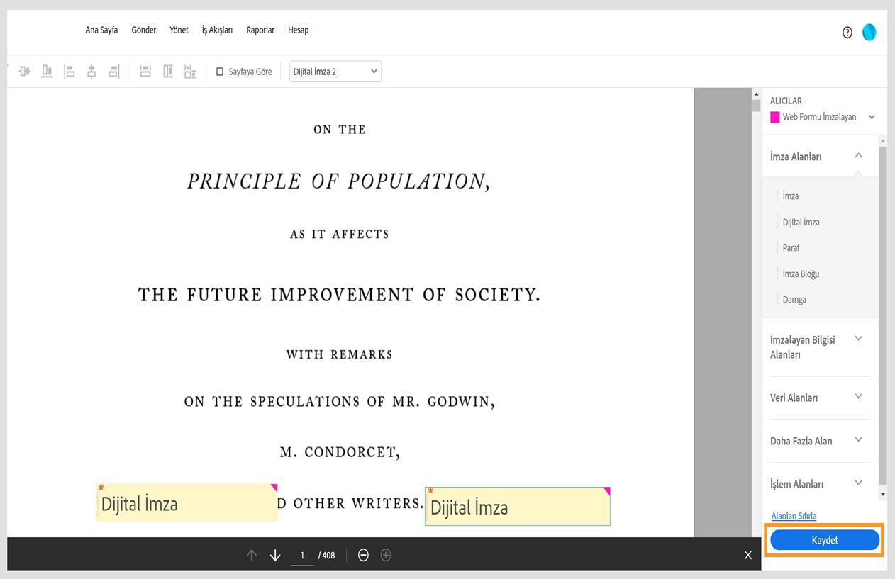 Web formu alanları paneli farklı alan türlerini, Alanları Sıfırla düğmesini ve vurgulanan Kaydet düğmesini gösteriyor. 