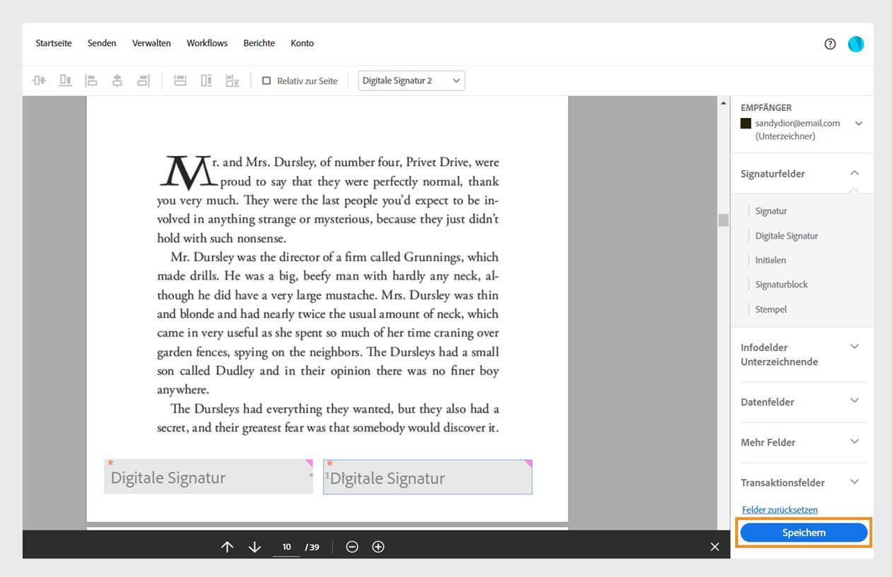 Im Feldbereich des Webformulars werden verschiedene Feldtypen, die Schaltfläche „Felder zurücksetzen“ und die hervorgehobene Schaltfläche „Speichern“ angezeigt. 