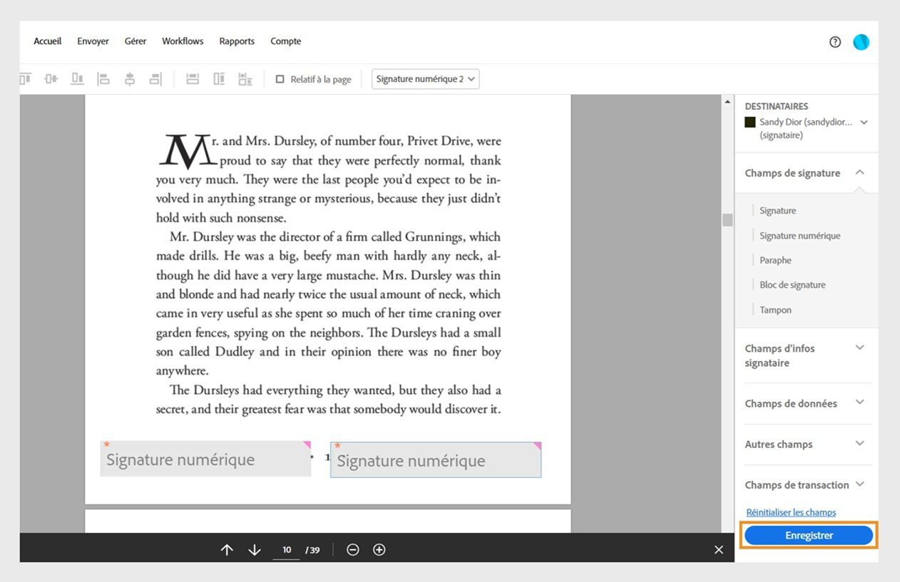 Le panneau des champs du formulaire web présente différents types de champs, un bouton Réinitialiser les champs et un bouton Enregistrer, lequel est mis en évidence. 