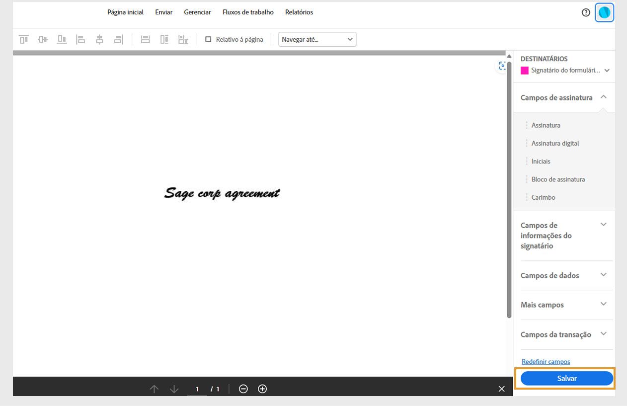 O painel de campos do formulário web mostra diferentes tipos de campos, um botão Redefinir campos e um botão Salvar em destaque. 