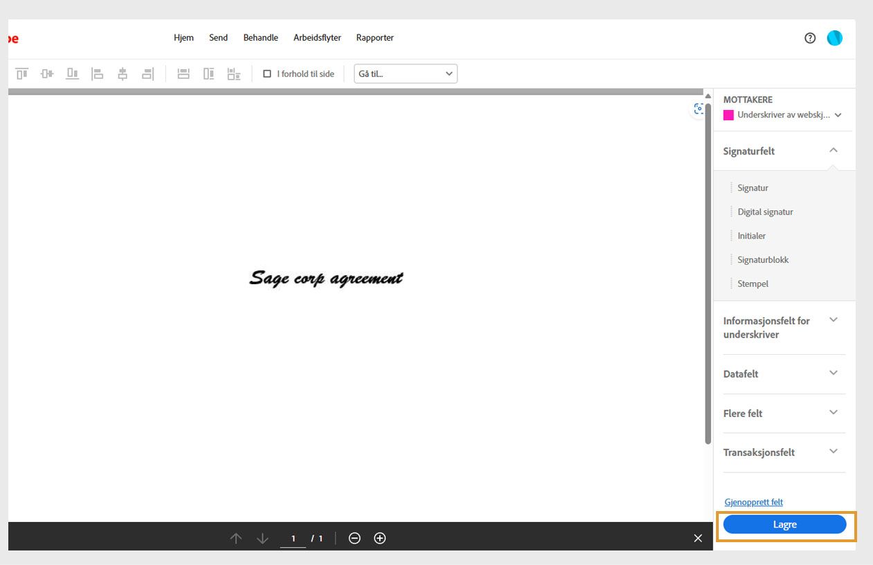 Nettskjemafeltpanelet viser forskjellige felttyper, en Tilbakestill felt-knapp og en uthevet Lagre-knapp. 