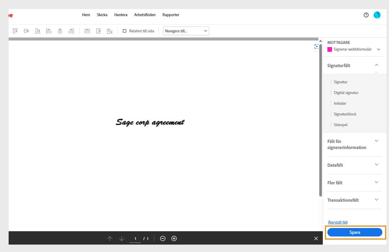 Panelen för webbformulärfält visar olika typer av fält, knappen Återställ fält och knappen Spara som är markerad. 